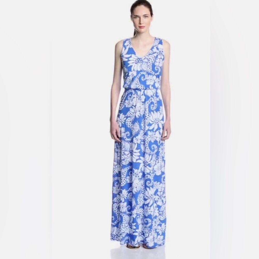 Lilly Pulitzer Mills Racer Back Maxi Dress Size Small Deep Sea Blue & White EUC